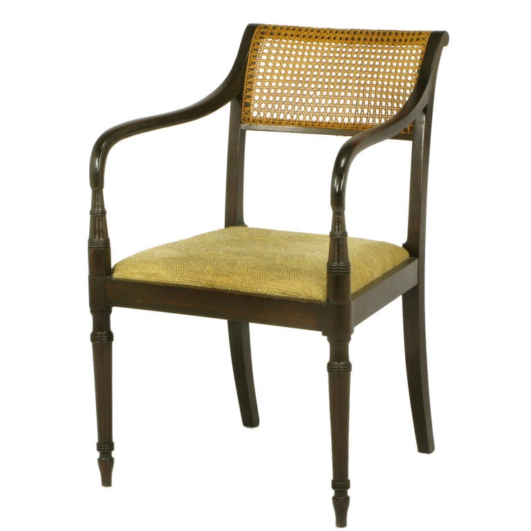 Dark Walnut & Cane Regency Arm Chair With Upholstered Seat