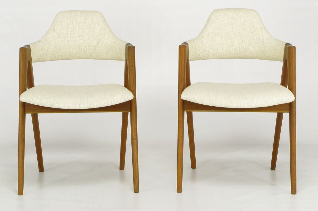 Set of six dining chairs in refinished sculptural teak framing by the Danish designer, Kai Kristiansen, for SVA Mobler. Newly upholstered in Stroheim & Roman natural hemp linen