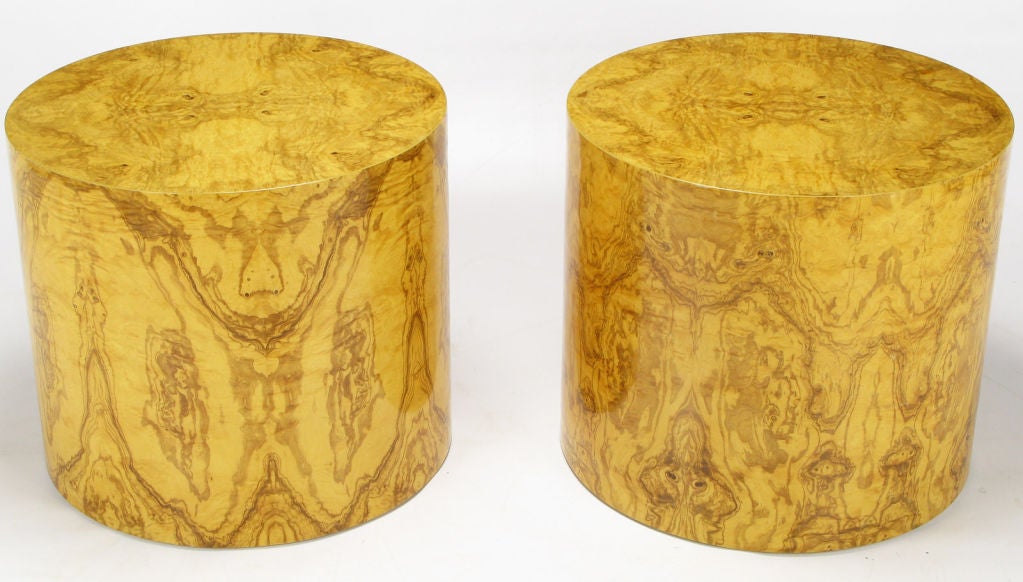Pair Cylindrical Bookmatched Olive Burl End Tables