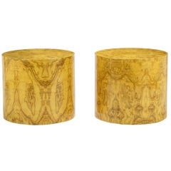 Pair Cylindrical Bookmatched Olive Burl End Tables