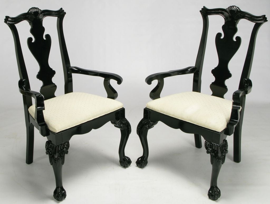 American Pair Century Black Lacquer Chippendale Inspired Arm Chairs