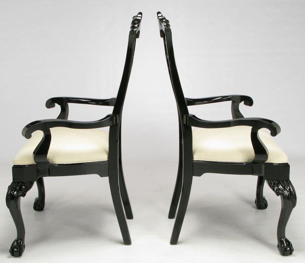 Late 20th Century Pair Century Black Lacquer Chippendale Inspired Arm Chairs
