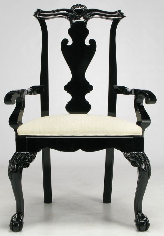 Silk Pair Century Black Lacquer Chippendale Inspired Arm Chairs