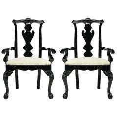 Pair Century Black Lacquer Chippendale Inspired Arm Chairs
