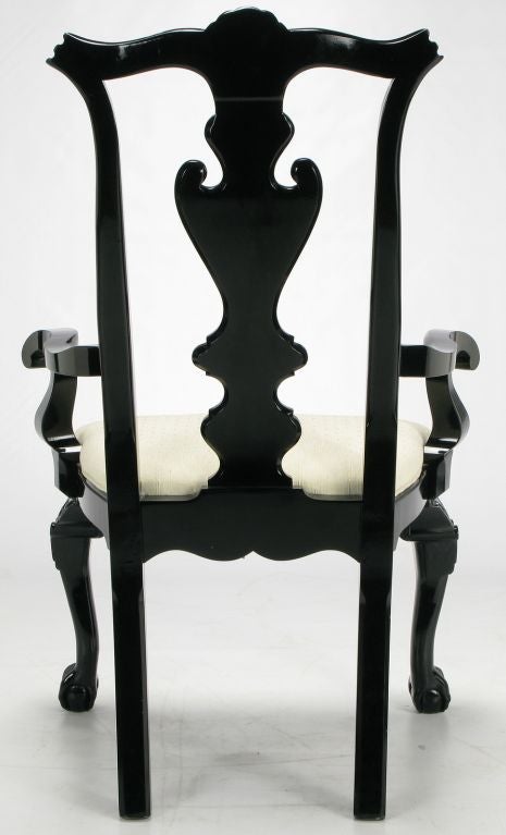 Pair Century Black Lacquer Chippendale Inspired Arm Chairs 1