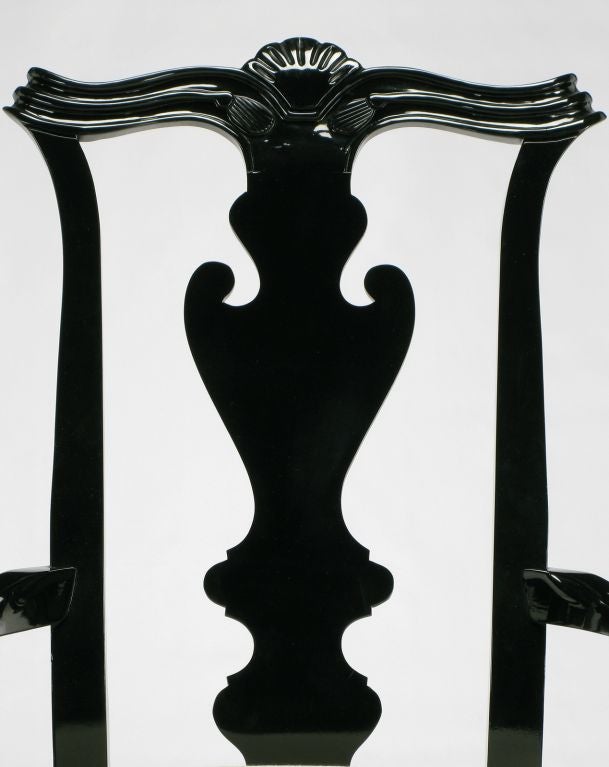 Pair Century Black Lacquer Chippendale Inspired Arm Chairs 2