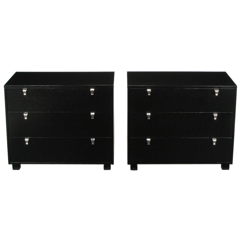 Pair Kent-Coffey Black Lacquered Commodes With Nickel Pulls