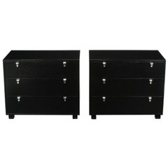 Pair Kent-Coffey Black Lacquered Commodes With Nickel Pulls