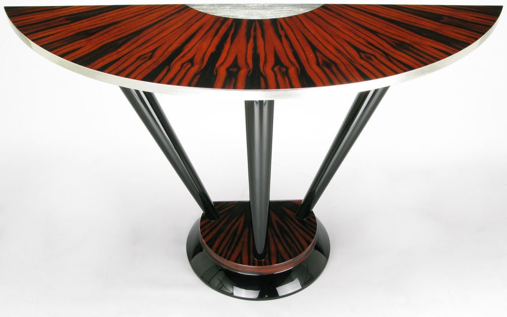 Table console Demilune en ébène de Macassar & Feuille d'argent