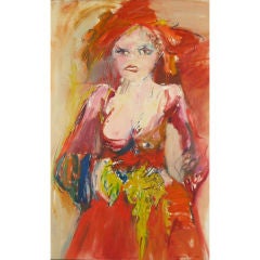 Vintage Large Expressionist Lady In Red Oil Painting By Suzanne Peters