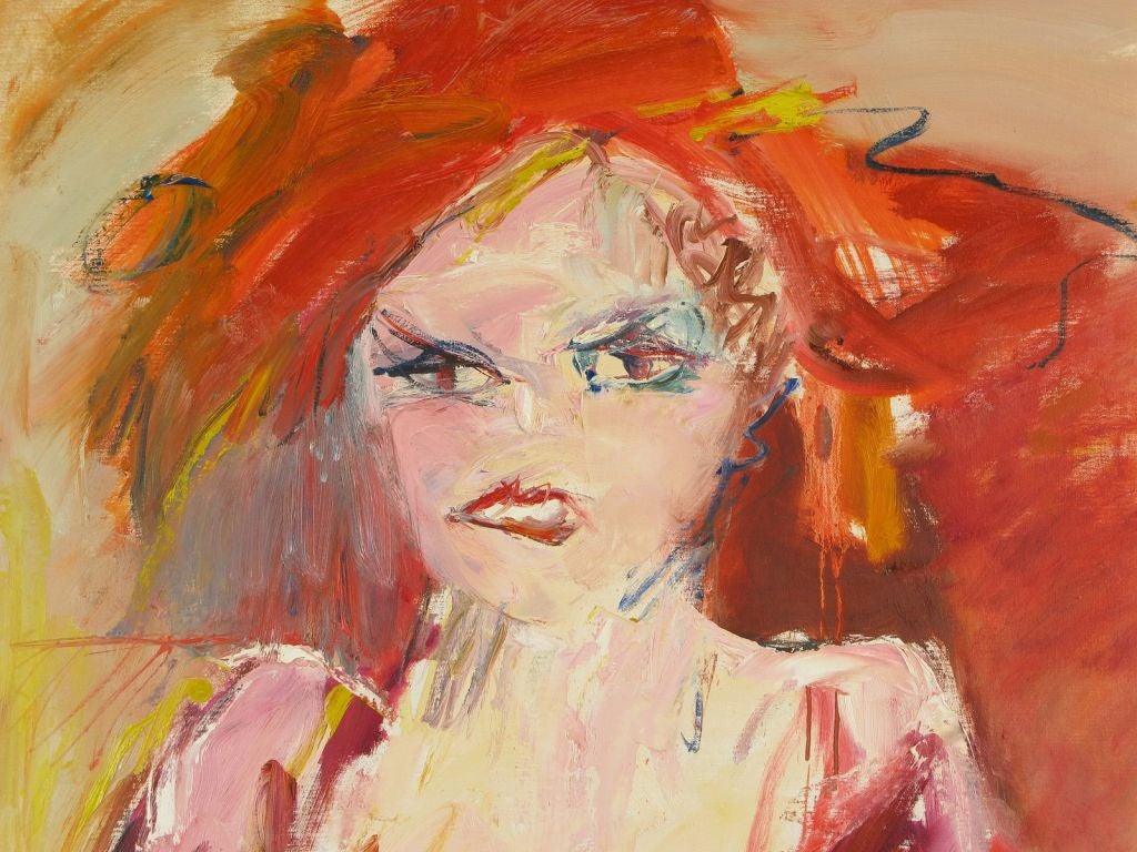 Expressionist oil on canvas of a red dressed lady clutching a yellow and blue wrap and wearing a red hat. Very Moulin Rouge.  Nice gallery style  wood frame. Signed by Suzanne Peters.