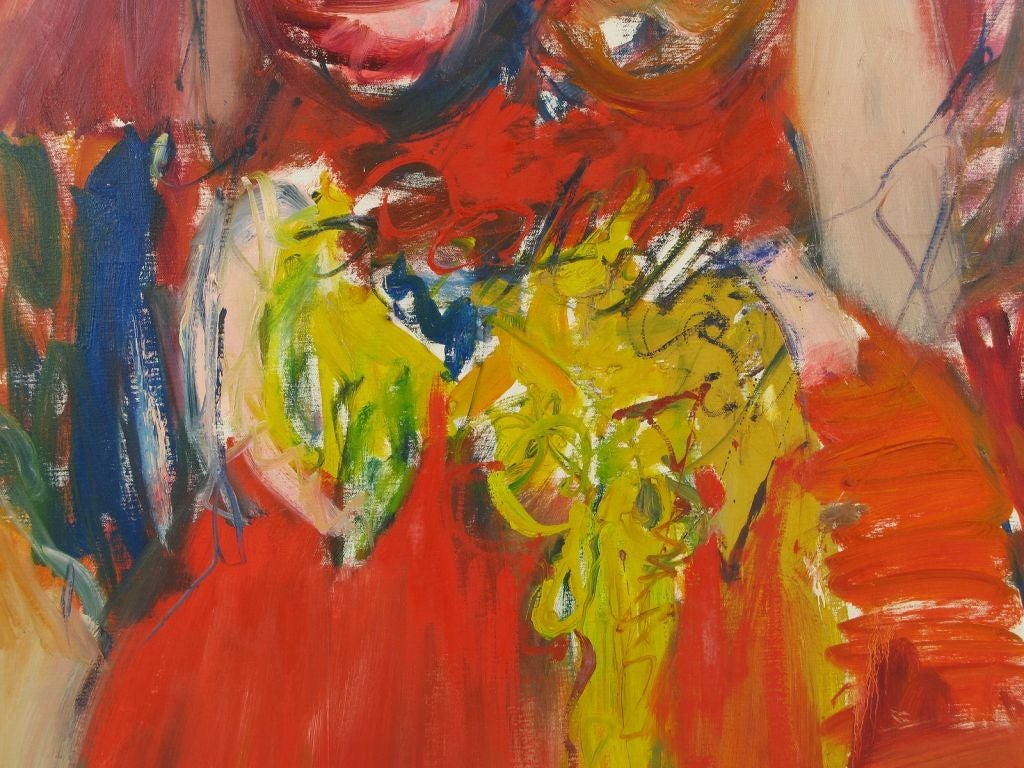 American Large Expressionist Lady In Red Oil Painting By Suzanne Peters