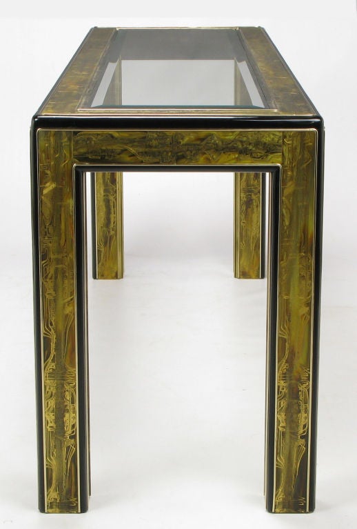 Bernhard Rohne Acid Etched Brass Console Table By Mastercraft at 1stDibs