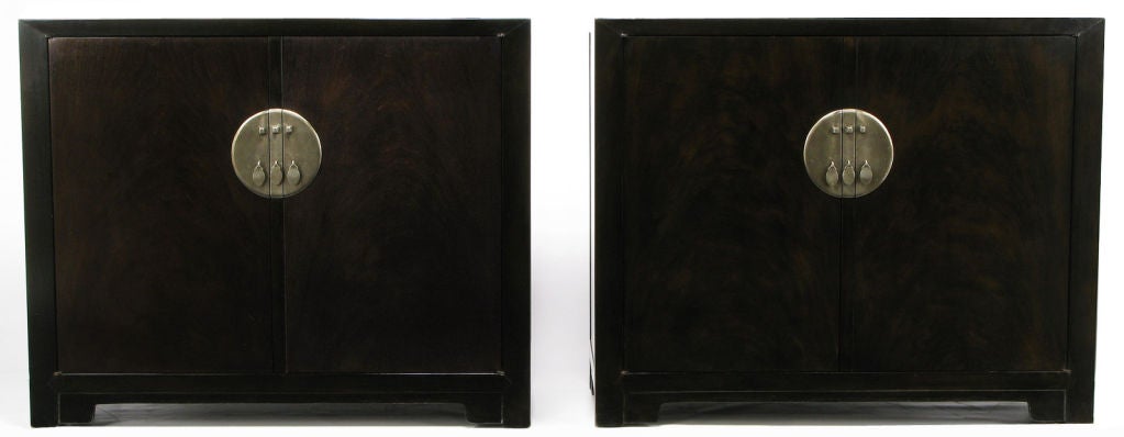 Pair Baker Far East Collection Burled Walnut Cabinets