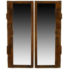 Pair Tall & Narrow Block Front Walnut Mirrors