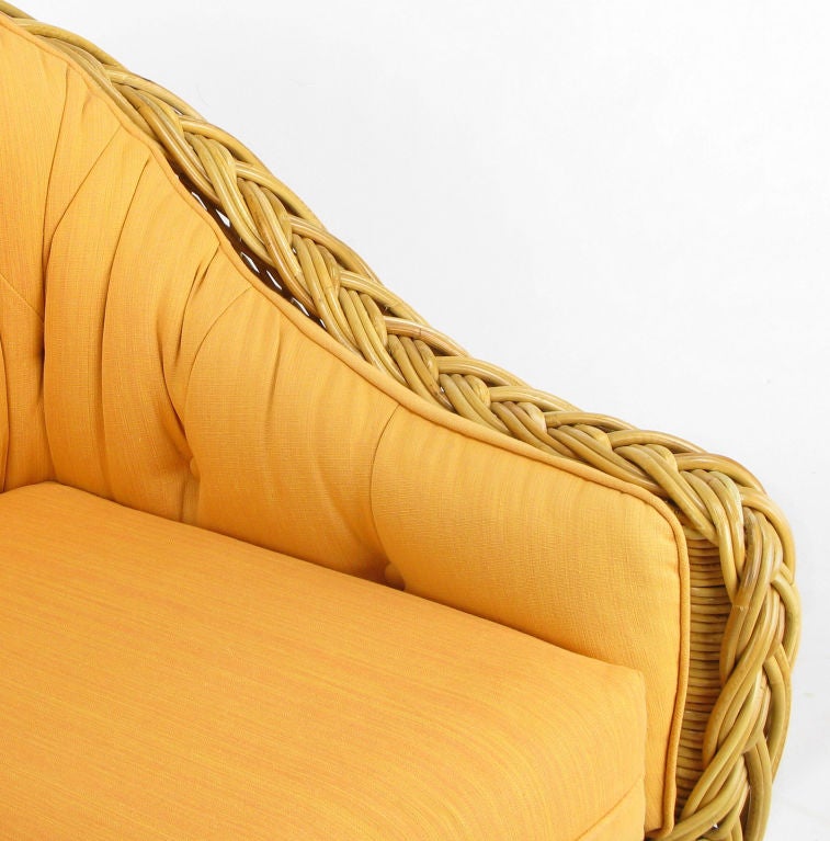 Italian The Wicker Works Woven Rattan Barrel Back Lounge Chair & Ottoman
