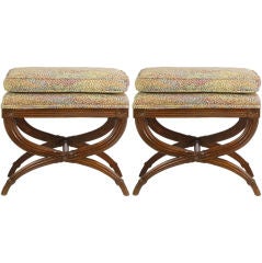 Pair Regency Benches With White Reeded Oak Curule Bases