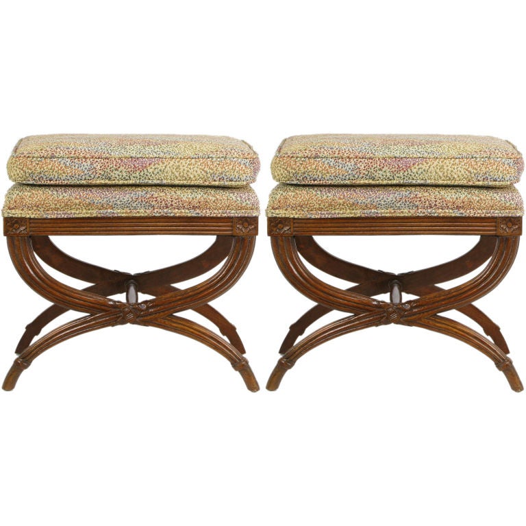 Pair Regency Benches With White Reeded Oak Curule Bases