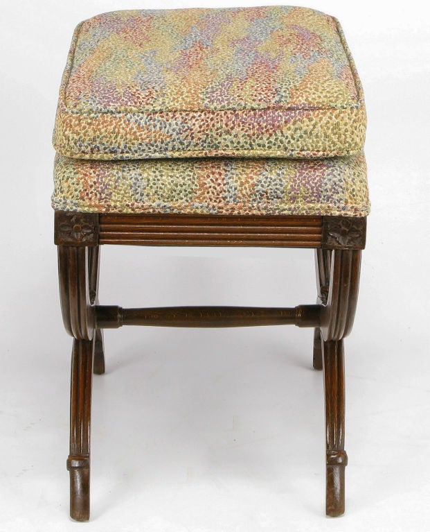 20th Century Pair Regency Benches With White Reeded Oak Curule Bases