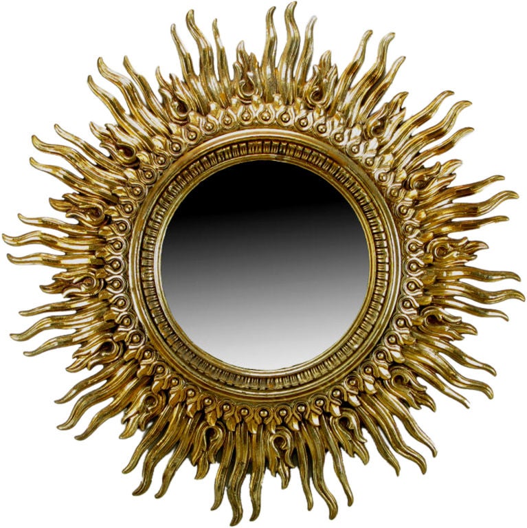 Large Round Patinated Gilt Resin Sunburst Framed Mirror