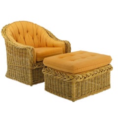 Vintage The Wicker Works Woven Rattan Barrel Back Lounge Chair & Ottoman