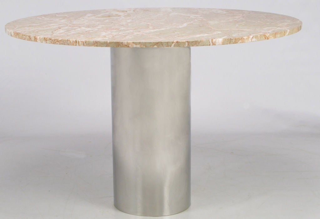 Round Rouge Marble & Chrome Cylindrical Pedestal Dining Table