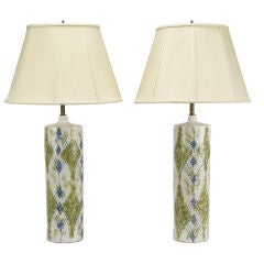 Pair Raymor White, Green & Blue Italian Pottery Cylinder Lamps