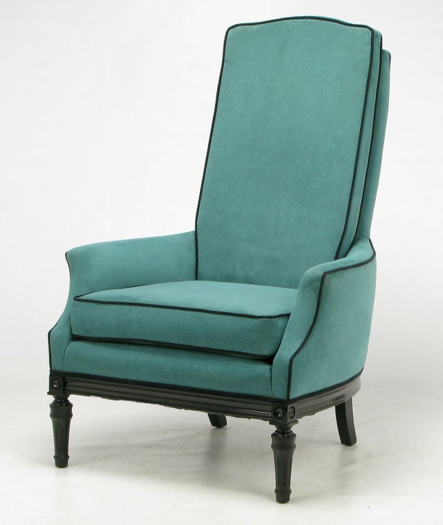 Pair Custom High Back Club Chairs In Turquoise Ultrasuede 2