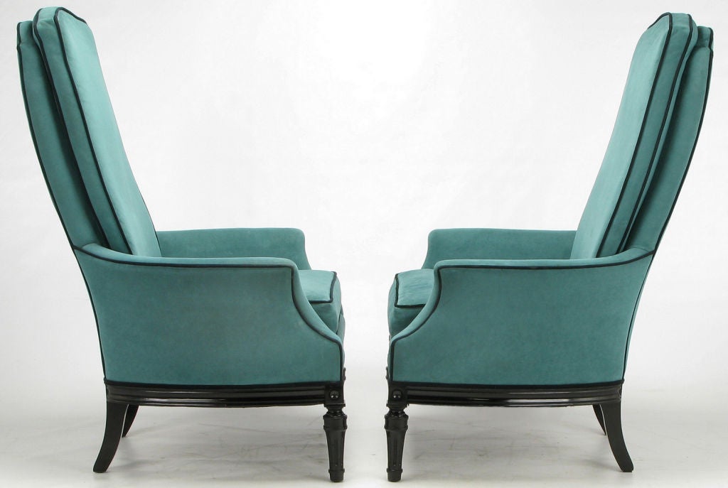 Mid-20th Century Pair Custom High Back Club Chairs In Turquoise Ultrasuede