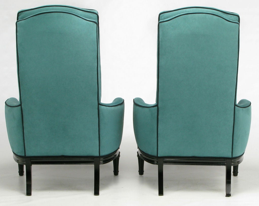 Wood Pair Custom High Back Club Chairs In Turquoise Ultrasuede