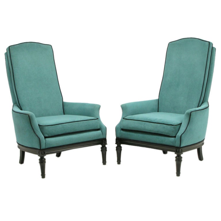 Pair Custom High Back Club Chairs In Turquoise Ultrasuede