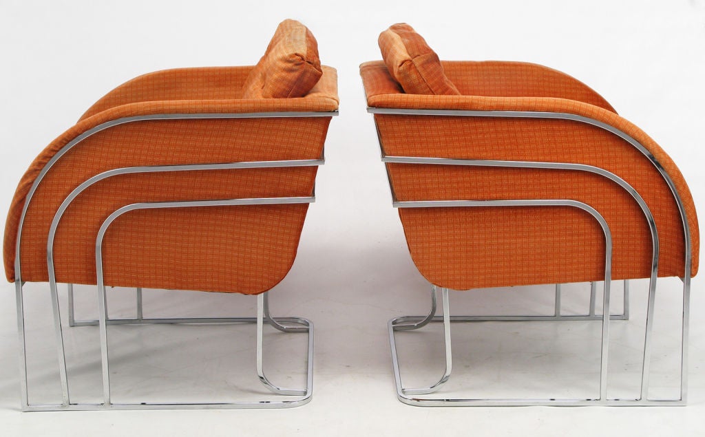 Late 20th Century Pair Of Milo Baughman Chrome Bar & Persimmon Velvet Club Chairs