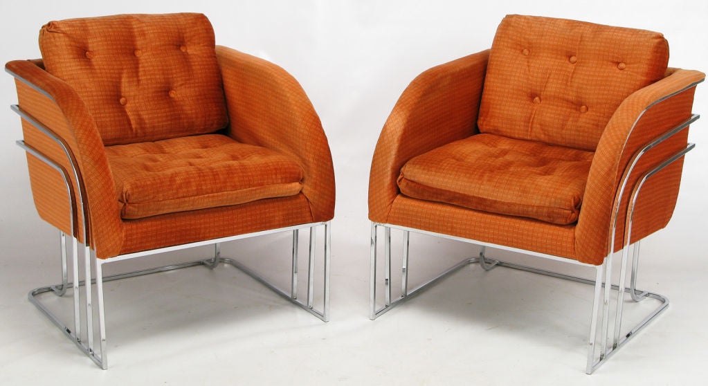 American Pair Of Milo Baughman Chrome Bar & Persimmon Velvet Club Chairs