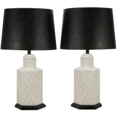 Pair White Ceramic Hexagonal Bamboo Relief Table Lamps