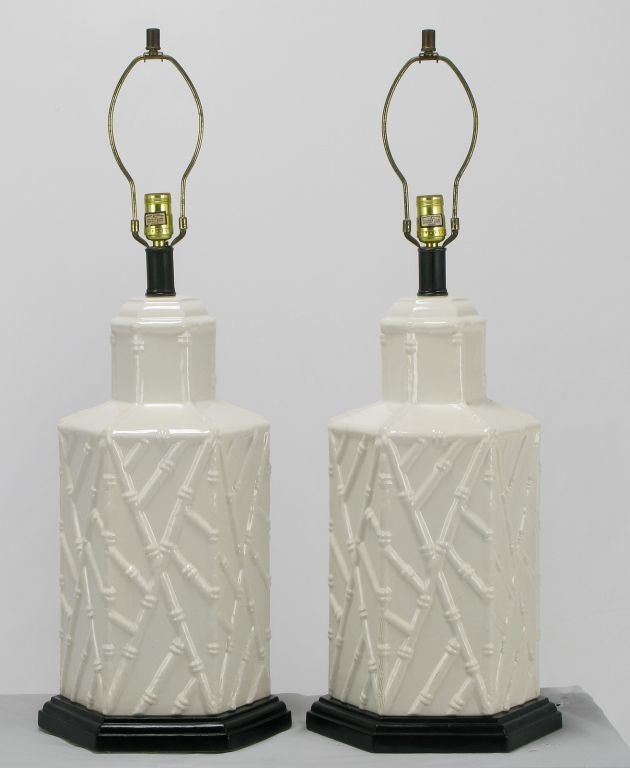 Pair White Ceramic Hexagonal Bamboo Relief Table Lamps