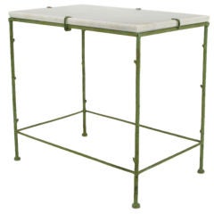 Faux Bois Verdigris Iron End Table with Carrera Marble Top.