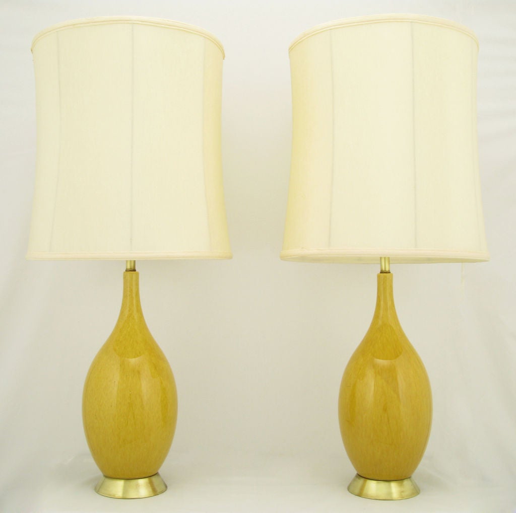Pair Saffron Yellow Ceramic Gourd-Form Table Lamps