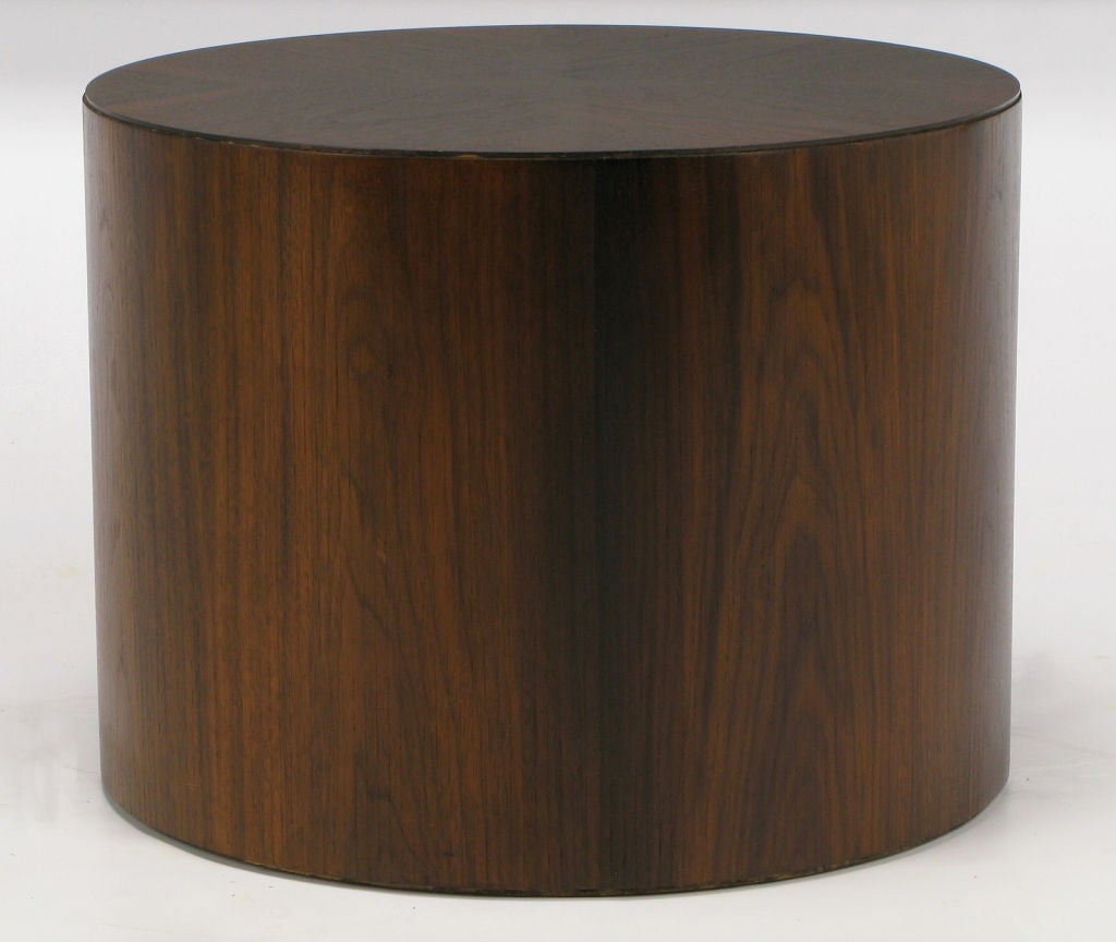 Beautifully grained rosewood cylinder table with 4 part book matched grain top. Solid well built smaller occasional table. would also make a great base for a glass top coffee table as well.