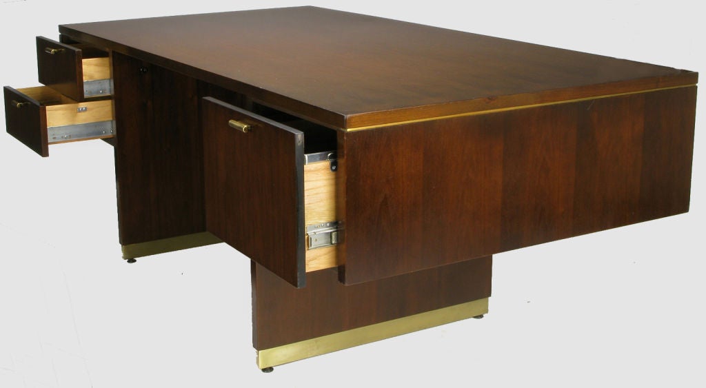 Cantilevered Sides Walnut & Brass Modern Executive Desk 1