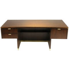 Vintage Cantilevered Sides Walnut & Brass Modern Executive Desk