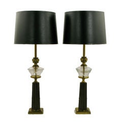 Pair Stiffel Brass & Glass Oil Reservoir Table Lamps