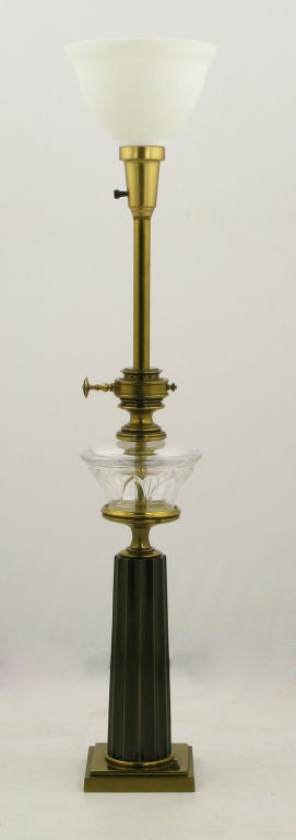 American Pair Stiffel Brass & Glass Oil Reservoir Table Lamps