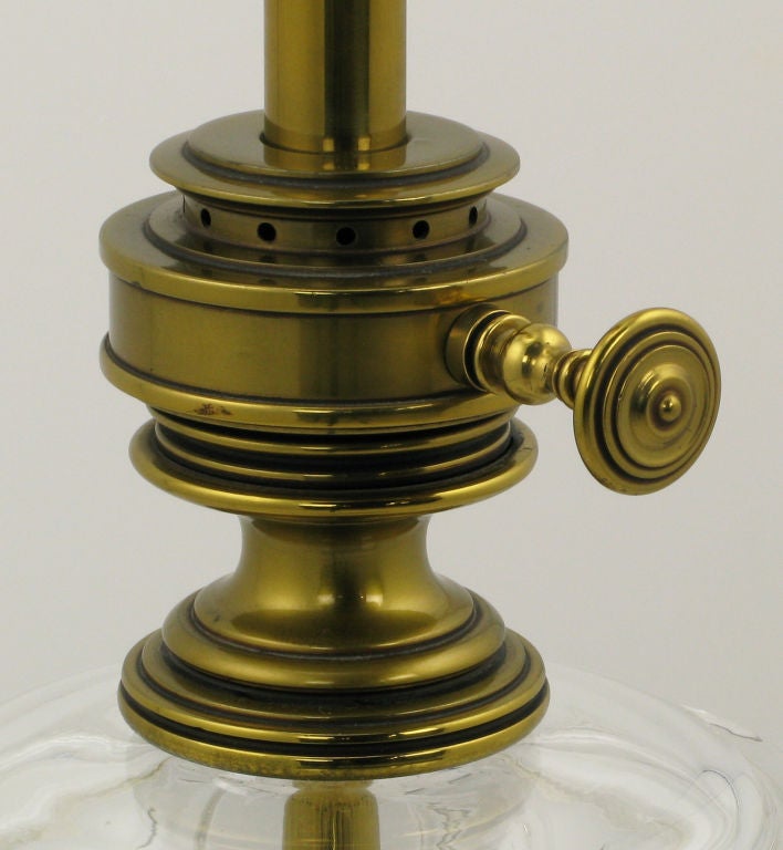 Pair Stiffel Brass & Glass Oil Reservoir Table Lamps 1
