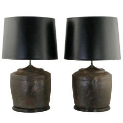 Pair Table Lamps Made From Rustic Chinese Terra Cotta Jars