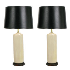 Pair White Crackle Glaze Ceramic Cylindrical Table Lamps