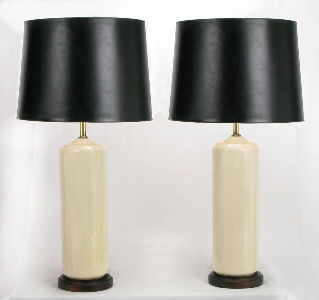 Pair White Crackle Glaze Ceramic Cylindrical Table Lamps