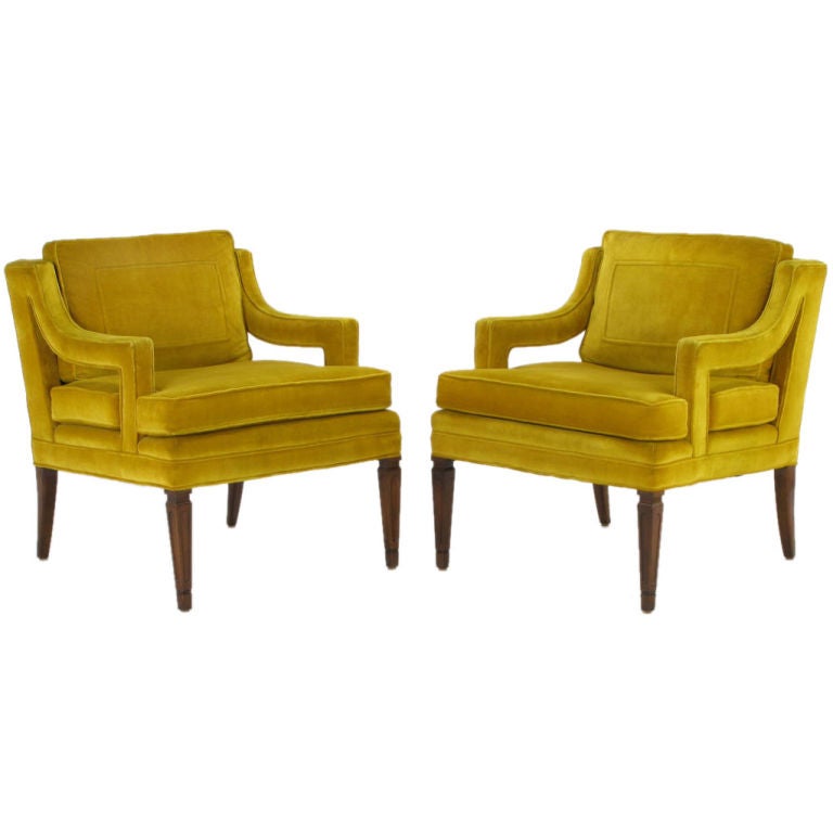 Pair Saffron Velvet Upholstered Open Arm Regency Club Chairs.