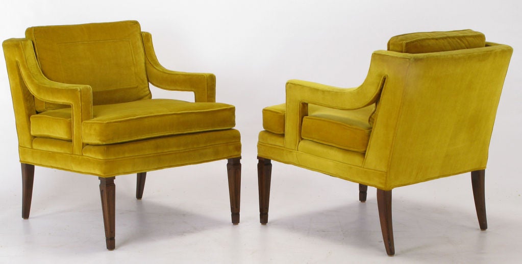 American Pair Saffron Velvet Upholstered Open Arm Regency Club Chairs.