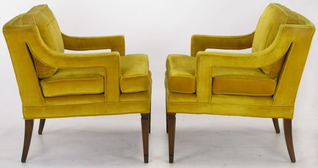 Mid-20th Century Pair Saffron Velvet Upholstered Open Arm Regency Club Chairs.