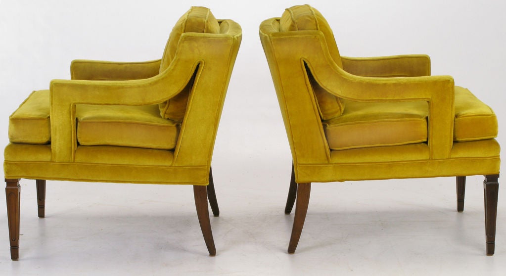 Pair Saffron Velvet Upholstered Open Arm Regency Club Chairs. 1